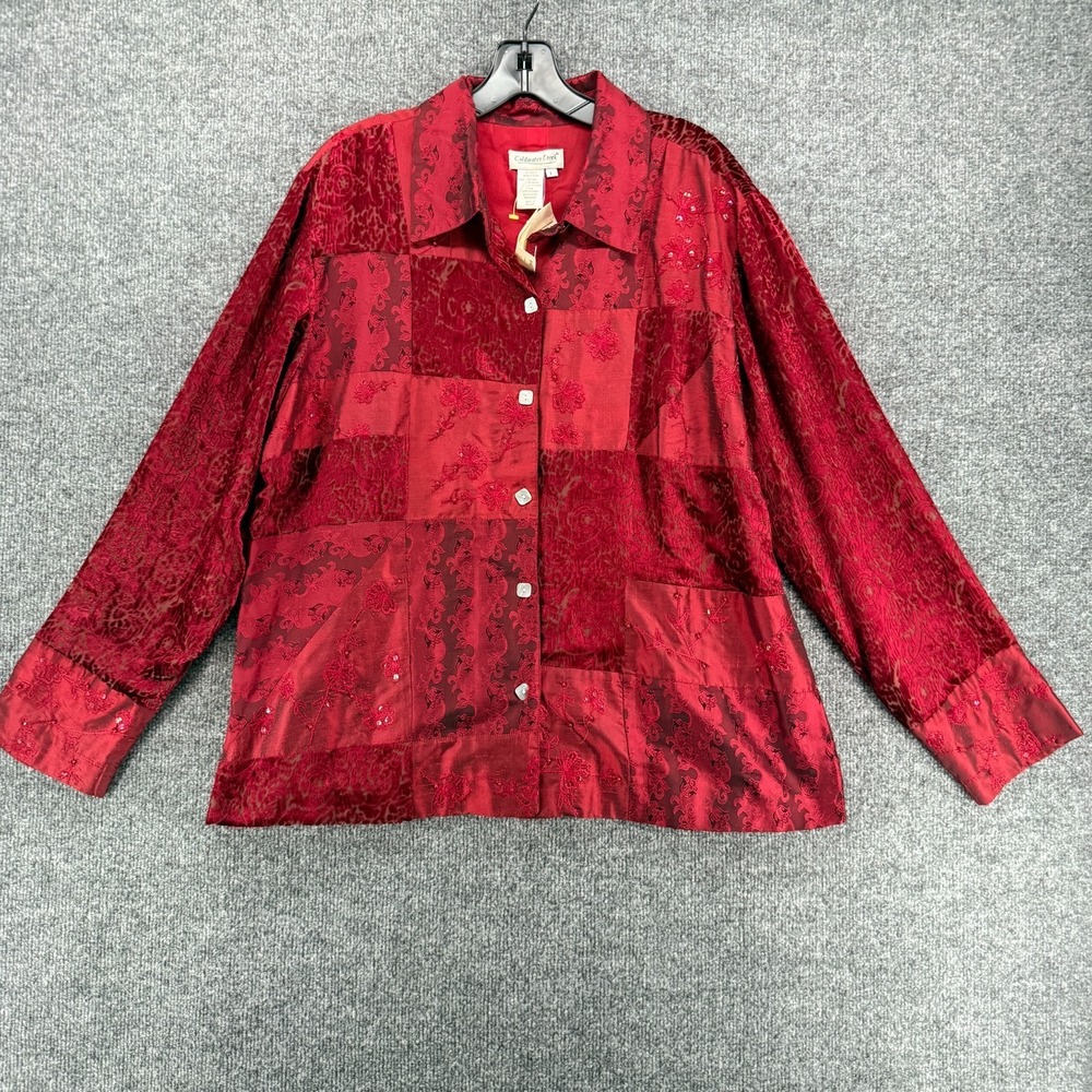 Coldwater Creek Silk Burnout Top Size L Red Patchwork Button Up Fairy Whimsygoth